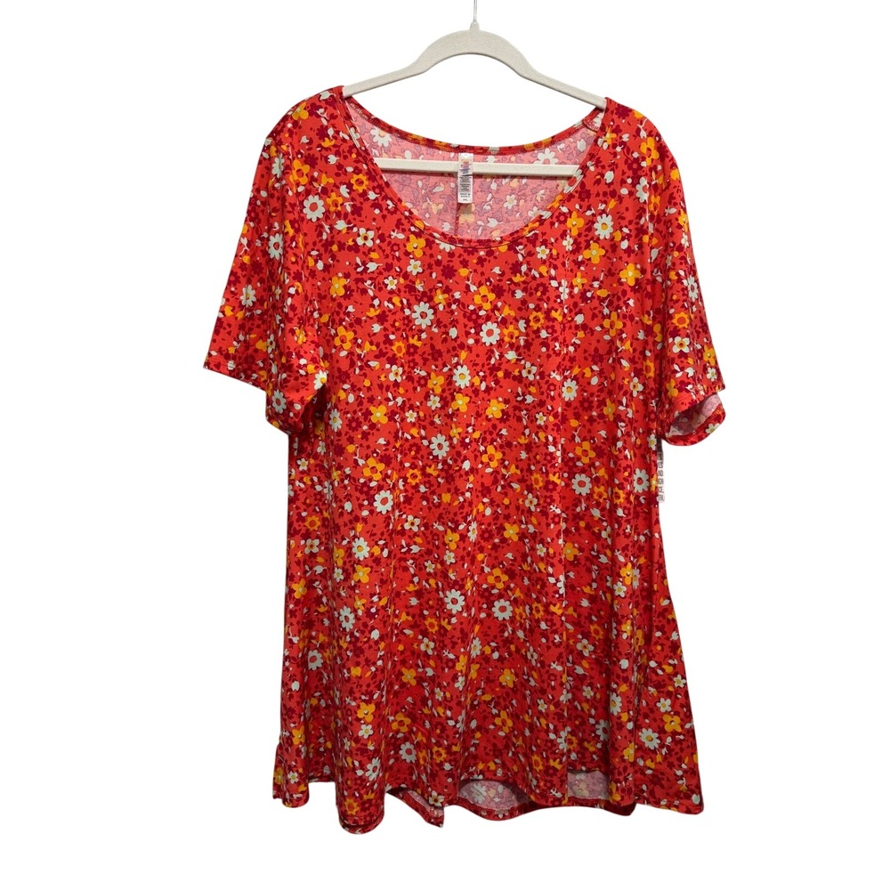 LuLaRoe Perfect T Tunic 2XL Red Orange Ditsy Floral High Low Top cottage NEW